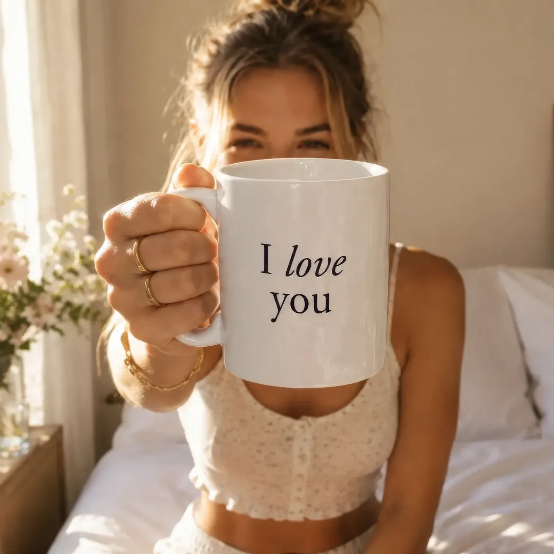 Morgens im Bett: die I Love You Tasse wird in die Kamera gehalten