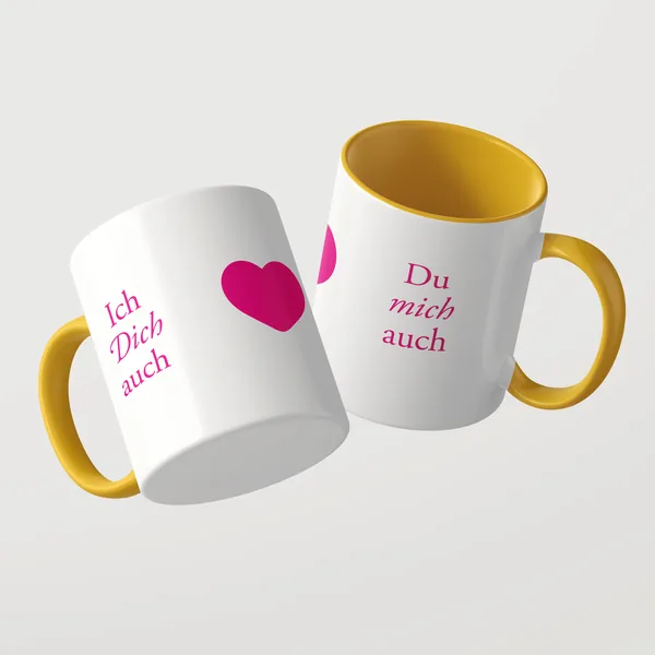 Ich dich auch Tasse mit gelber Innenseite und gelbem Henkel
