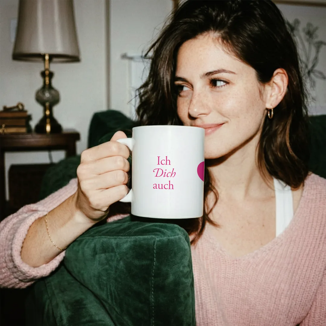 Person auf einem grünen Samtsofa trinkt lächelnd aus der Ich dich auch Tasse und schaut zur Seite