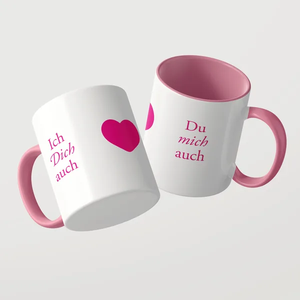 Ich dich auch Tasse mit rosa Innenseite und rosa Henkel