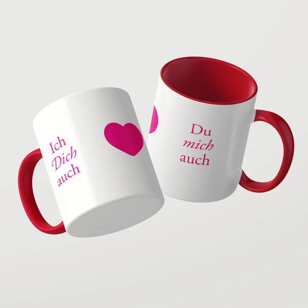 Ich dich auch Tasse mit roter Innenseite und rotem Henkel
