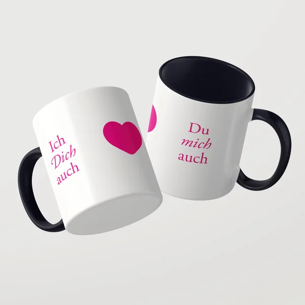 Ich dich auch Tasse mit schwarzer Innenseite und schwarzem Henkel