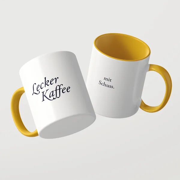 Lecker Kaffee Tasse mit gelber Innenseite und gelbem Henkel