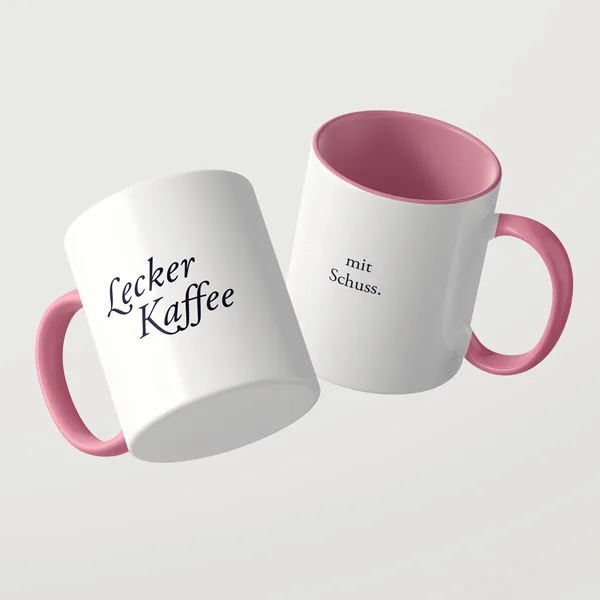 Lecker Kaffee Tasse mit rosa Innenseite und rosa Henkel