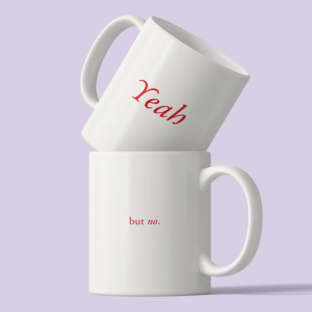 Two stacked Yeah But No mugs against a lilac background, Yeah on top, but no. below